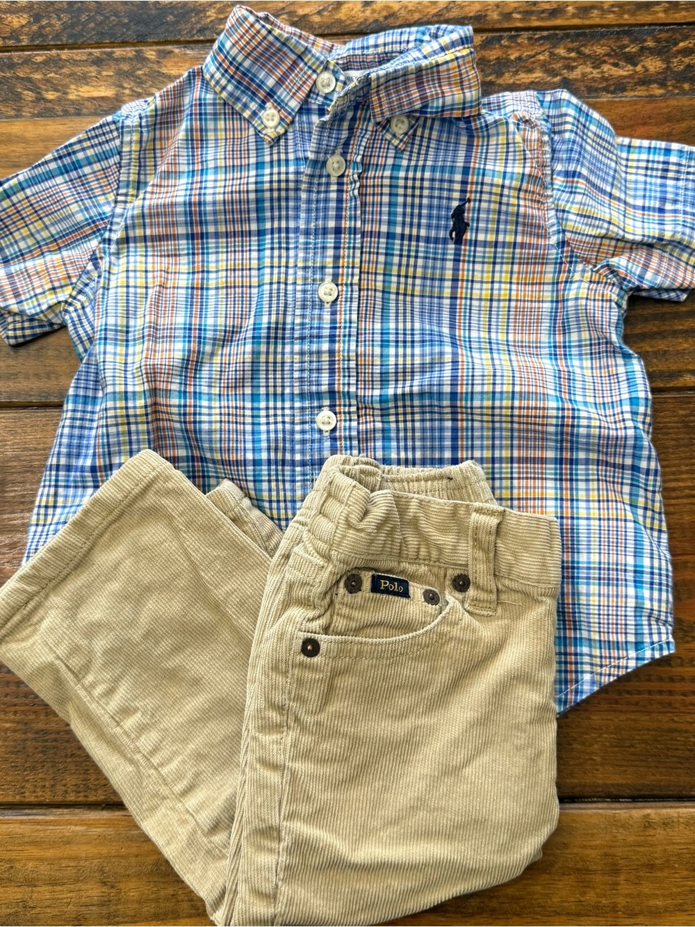 Ralph Lauren Baby Boys 12M Plaid Button Down Shirt & Corduroy Pants Set Outfit.